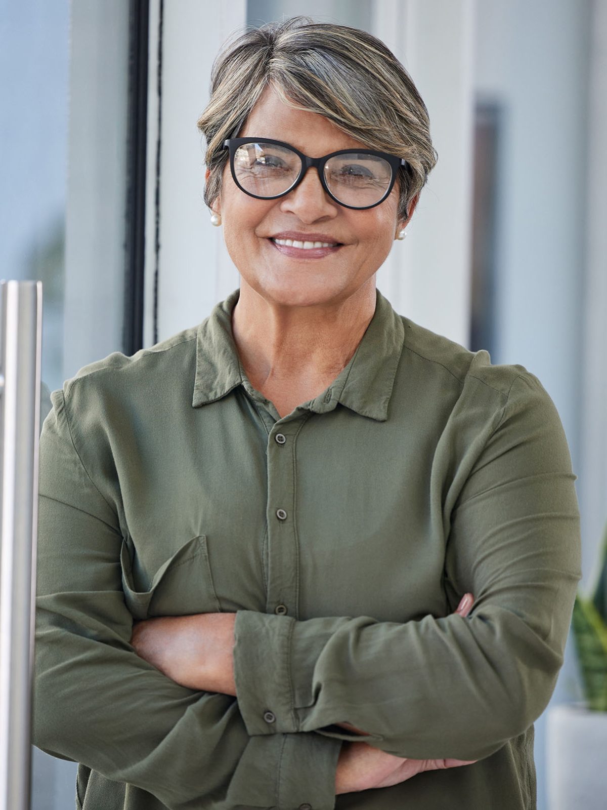 Smiling older woman wearing glasses